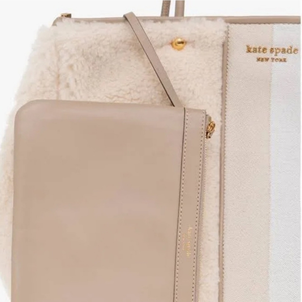 Kate Spade Everything Racing Stripe Faux Shearling Large Tote, Cream Multi - Picture 5 of 10